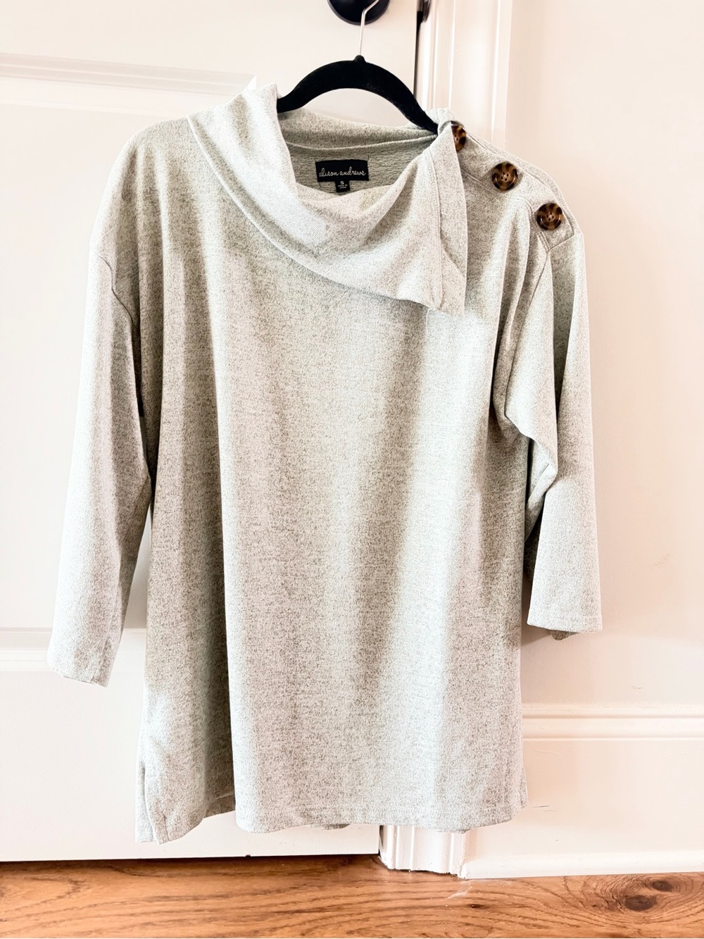 Button-Shoulder Cowl Neck Sweater in Light Gray
